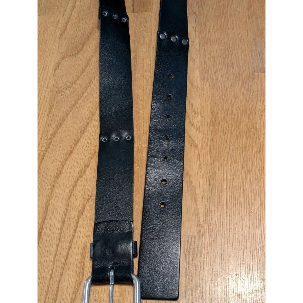 Rugged Black Real Leather Belt featuring a silver metal buckle &rivets 36